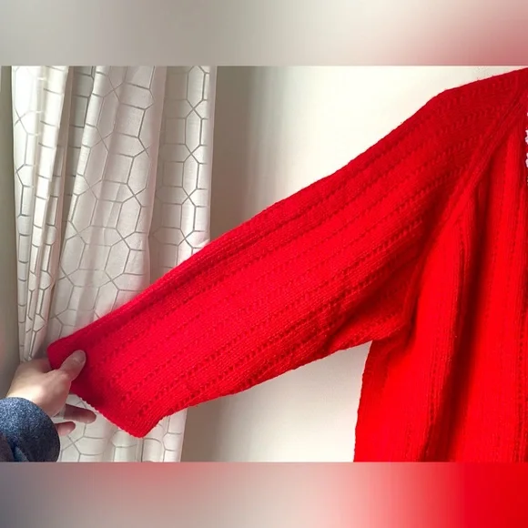 Bright red knit open front cardigan with white knit pattern - Picture 9 of 12